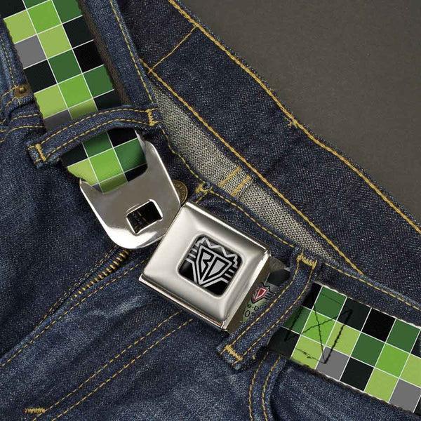 Buckle-Down BD Wings Logo CLOSE-UP Full Color Black Silver Seatbelt Belt - Checker Mosaic Green Webbing