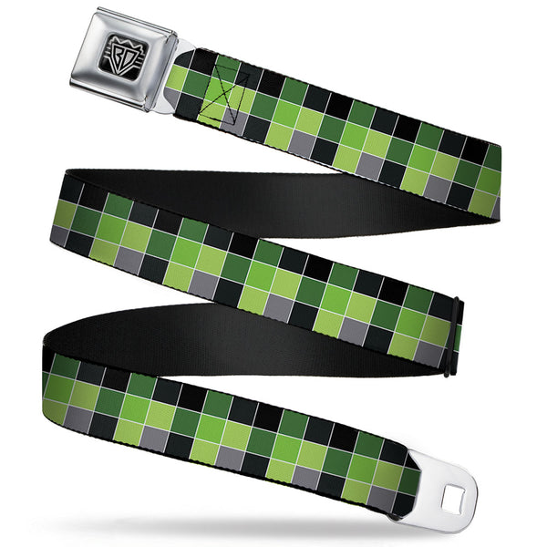 Buckle-Down BD Wings Logo CLOSE-UP Full Color Black Silver Seatbelt Belt - Checker Mosaic Green Webbing