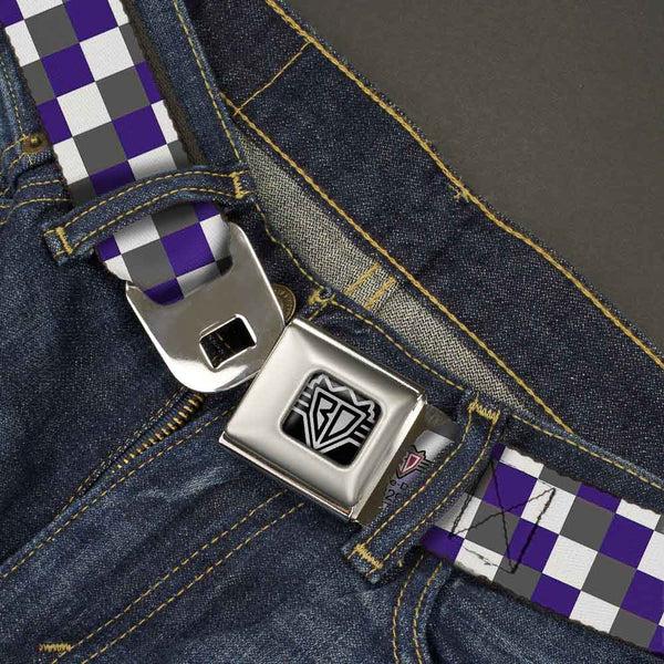 Buckle-Down BD Wings Logo CLOSE-UP Full Color Black Silver Seatbelt Belt - Checker Gray/Purple/White Webbing