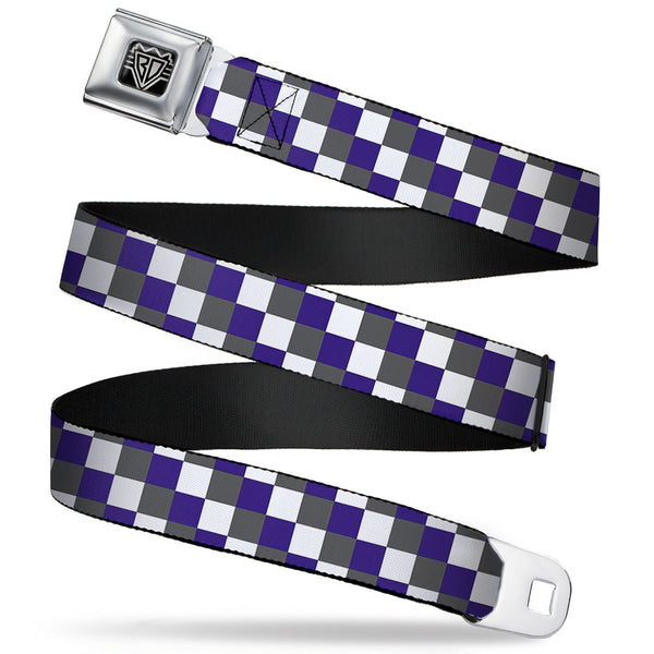 Buckle-Down BD Wings Logo CLOSE-UP Full Color Black Silver Seatbelt Belt - Checker Gray/Purple/White Webbing