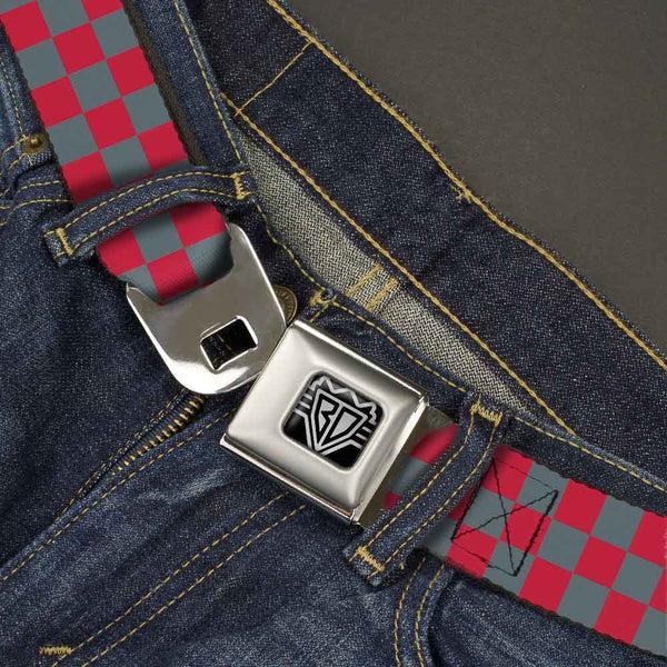 Buckle-Down BD Wings Logo CLOSE-UP Full Color Black Silver Seatbelt Belt - Checker Crimson Red/Gray Webbing