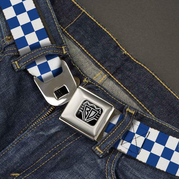 Buckle-Down BD Wings Logo CLOSE-UP Full Color Black Silver Seatbelt Belt - Checker BlueKU/White Webbing