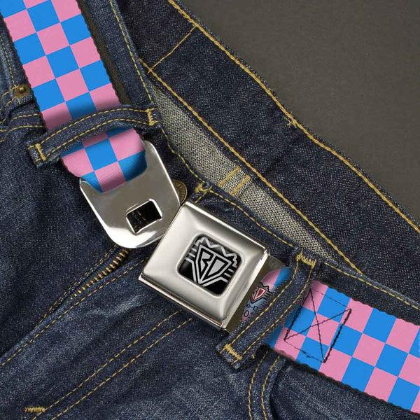 Buckle-Down BD Wings Logo CLOSE-UP Full Color Black Silver Seatbelt Belt - Checker Baby Pink/Baby Blue Webbing