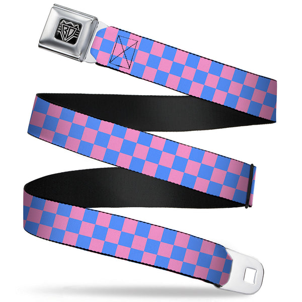 Buckle-Down BD Wings Logo CLOSE-UP Full Color Black Silver Seatbelt Belt - Checker Baby Pink/Baby Blue Webbing