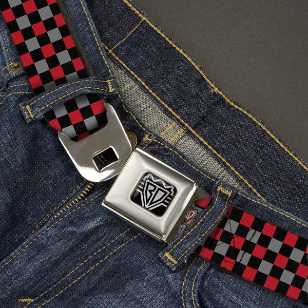 Buckle-Down BD Wings Logo CLOSE-UP Full Color Black Silver Seatbelt Belt - Mini Checker Black/Gray/3 Red Webbing