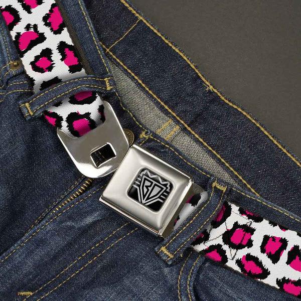 Buckle-Down BD Wings Logo CLOSE-UP Full Color Black Silver Seatbelt Belt - Leopard White/Fuchsia Webbing