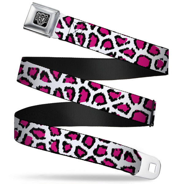 Buckle-Down BD Wings Logo CLOSE-UP Full Color Black Silver Seatbelt Belt - Leopard White/Fuchsia Webbing