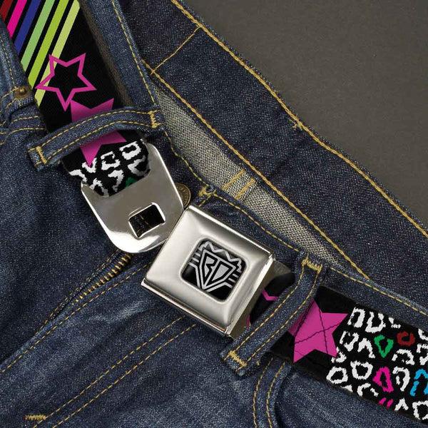 Buckle-Down BD Wings Logo CLOSE-UP Full Color Black Silver Seatbelt Belt - Animal Skins & Stripes 1 Webbing