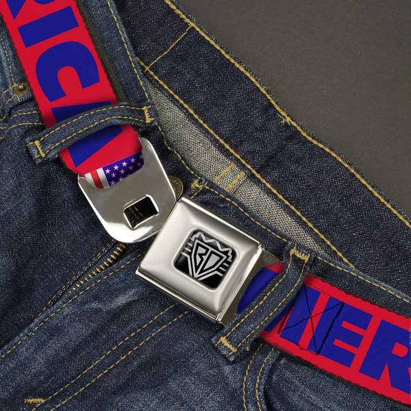 Buckle-Down BD Wings Logo CLOSE-UP Full Color Black Silver Seatbelt Belt - 'MERICA/US Flag Red/Blue/White Webbing