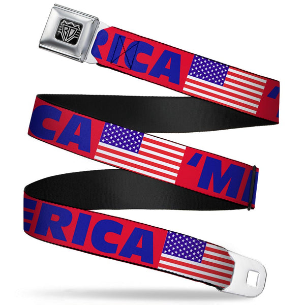 Buckle-Down BD Wings Logo CLOSE-UP Full Color Black Silver Seatbelt Belt - 'MERICA/US Flag Red/Blue/White Webbing