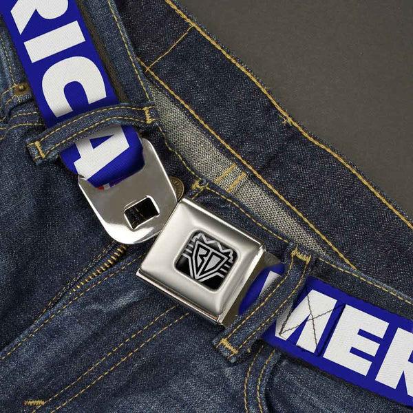 Buckle-Down BD Wings Logo CLOSE-UP Full Color Black Silver Seatbelt Belt - 'MERICA/US Flag Blue/White/Red Webbing