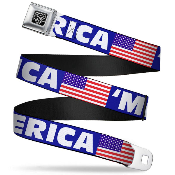 Buckle-Down BD Wings Logo CLOSE-UP Full Color Black Silver Seatbelt Belt - 'MERICA/US Flag Blue/White/Red Webbing