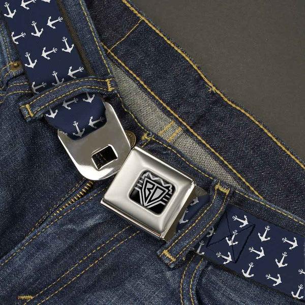 Buckle-Down BD Wings Logo CLOSE-UP Full Color Black Silver Seatbelt Belt - Anchors Navy/White Webbing