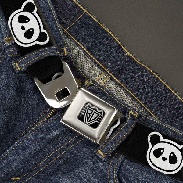 Buckle-Down BD Wings Logo CLOSE-UP Full Color Black Silver Seatbelt Belt - Panda Bear Cartoon2 Black/White Webbing
