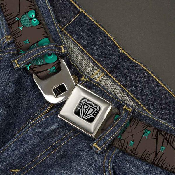 Buckle-Down BD Wings Logo CLOSE-UP Full Color Black Silver Seatbelt Belt - Owls In Trees Turquoise Webbing