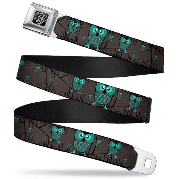 Buckle-Down BD Wings Logo CLOSE-UP Full Color Black Silver Seatbelt Belt - Owls in Trees Turquoise Webbing