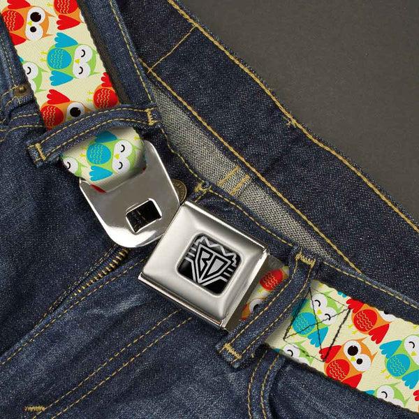Buckle-Down BD Wings Logo CLOSE-UP Full Color Black Silver Seatbelt Belt - Owl Eyes Yellow/Reds/Blues Webbing