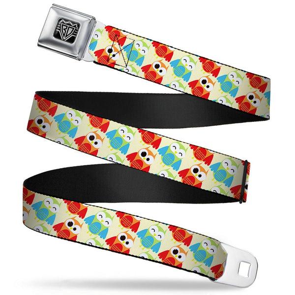 Buckle-Down BD Wings Logo CLOSE-UP Full Color Black Silver Seatbelt Belt - Owl Eyes Yellow/Reds/Blues Webbing