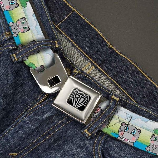 Buckle-Down BD Wings Logo CLOSE-UP Full Color Black Silver Seatbelt Belt - Hippo Cartoon Webbing