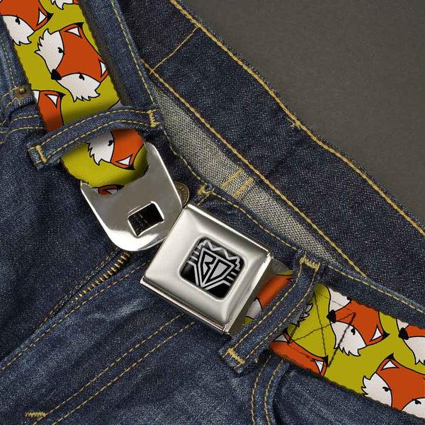 Buckle-Down BD Wings Logo CLOSE-UP Full Color Black Silver Seatbelt Belt - Fox Face Scattered Warm Olive2 Webbing