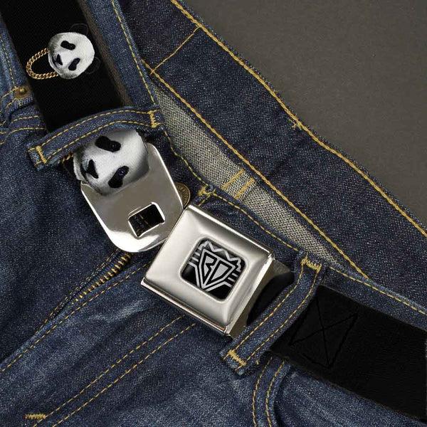 Buckle-Down BD Wings Logo CLOSE-UP Full Color Black Silver Seatbelt Belt - Panda W/Gold Chain Black Webbing