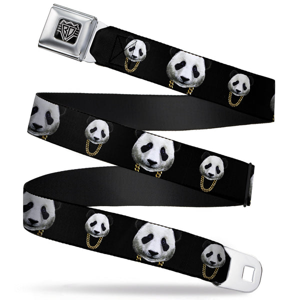 Buckle-Down BD Wings Logo CLOSE-UP Full Color Black Silver Seatbelt Belt - Panda w/Gold Chain Black Webbing