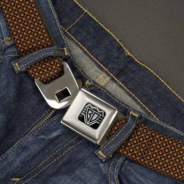 Buckle-Down BD Wings Logo CLOSE-UP Full Color Black Silver Seatbelt Belt - Bone & Paw Monogram Brown/Orange Webbing