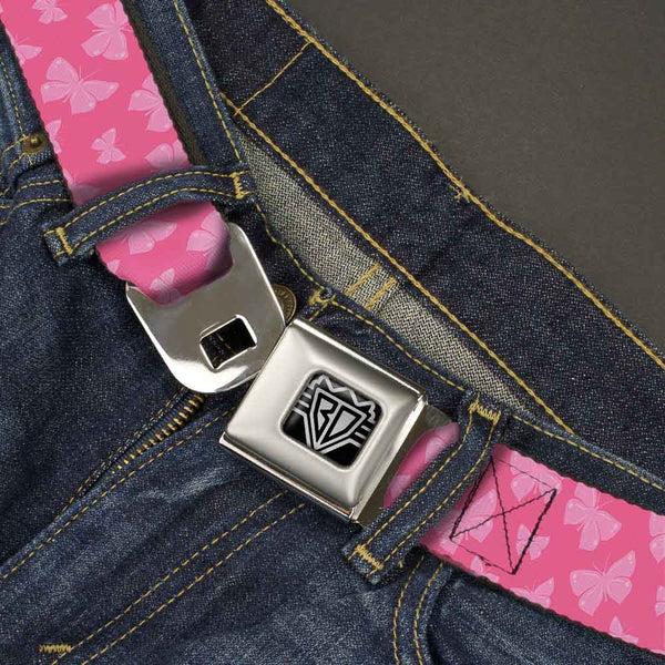 Buckle-Down BD Wings Logo CLOSE-UP Full Color Black Silver Seatbelt Belt - Butterflies Pink Webbing