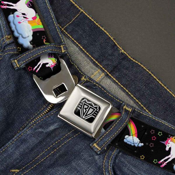 Buckle-Down BD Wings Logo CLOSE-UP Full Color Black Silver Seatbelt Belt - Unicorns/Rainbows/Stars Black Webbing