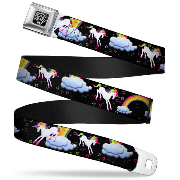 Buckle-Down BD Wings Logo CLOSE-UP Full Color Black Silver Seatbelt Belt - Unicorns/Rainbows/Stars Black Webbing