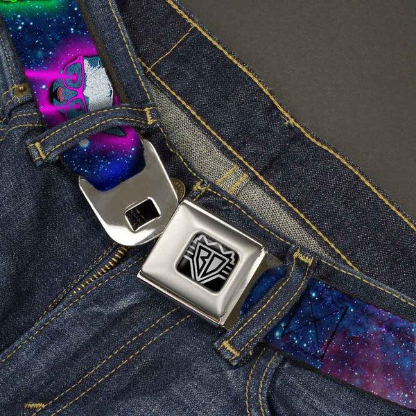 Buckle-Down BD Wings Logo CLOSE-UP Full Color Black Silver Seatbelt Belt - Laser Eye Cats In Space Webbing