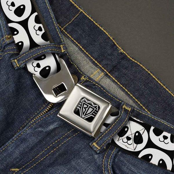 Buckle-Down BD Wings Logo CLOSE-UP Full Color Black Silver Seatbelt Belt - Smiling Panda Repeat Black/White Webbing
