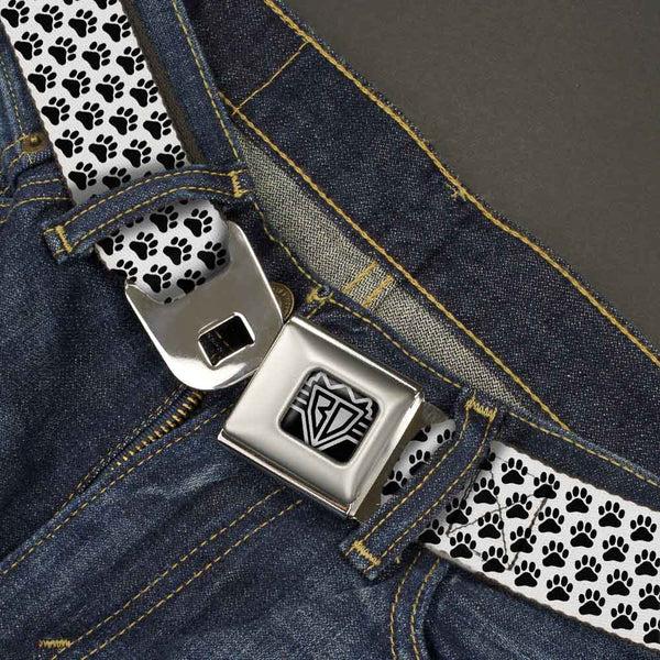 Buckle-Down BD Wings Logo CLOSE-UP Full Color Black Silver Seatbelt Belt - Paw Print White/Black Webbing