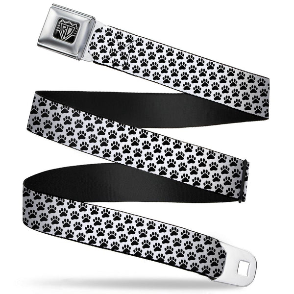 Buckle-Down BD Wings Logo CLOSE-UP Full Color Black Silver Seatbelt Belt - Paw Print White/Black Webbing