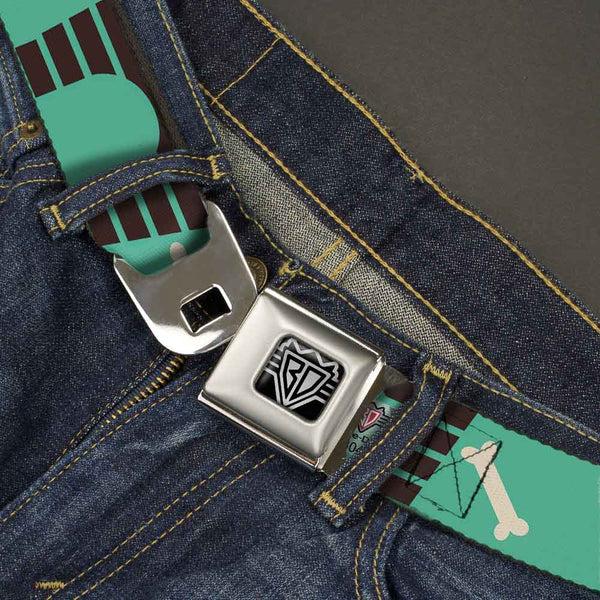 Buckle-Down BD Wings Logo CLOSE-UP Full Color Black Silver Seatbelt Belt - Dog House & Bone Turquoise/Brown Webbing