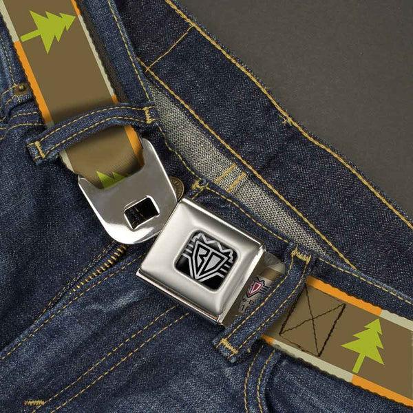 Buckle-Down BD Wings Logo CLOSE-UP Full Color Black Silver Seatbelt Belt - Pine Trees Blocks Olive/Orange/Tan Webbing