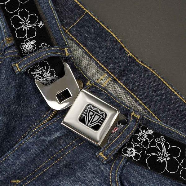 Buckle-Down BD Wings Logo CLOSE-UP Full Color Black Silver Seatbelt Belt - Hibiscus Outline Black/White Webbing