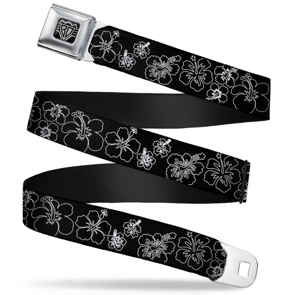 Buckle-Down BD Wings Logo CLOSE-UP Full Color Black Silver Seatbelt Belt - Hibiscus Outline Black/White Webbing