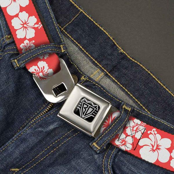 Buckle-Down BD Wings Logo CLOSE-UP Full Color Black Silver Seatbelt Belt - Hibiscus Light Red/White Webbing