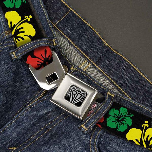 Buckle-Down BD Wings Logo CLOSE-UP Full Color Black Silver Seatbelt Belt - Hibiscus CLOSE-UP Black/Green/Yellow/Red Webbing