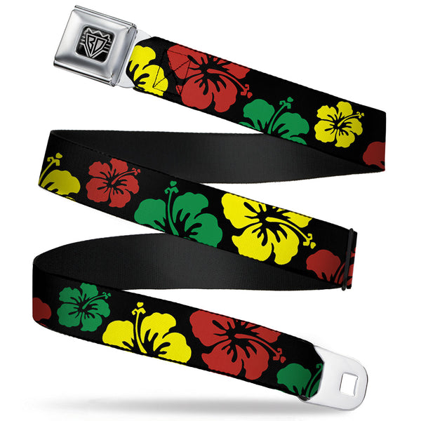 Buckle-Down BD Wings Logo CLOSE-UP Full Color Black Silver Seatbelt Belt - Hibiscus CLOSE-UP Black/Green/Yellow/Red Webbing