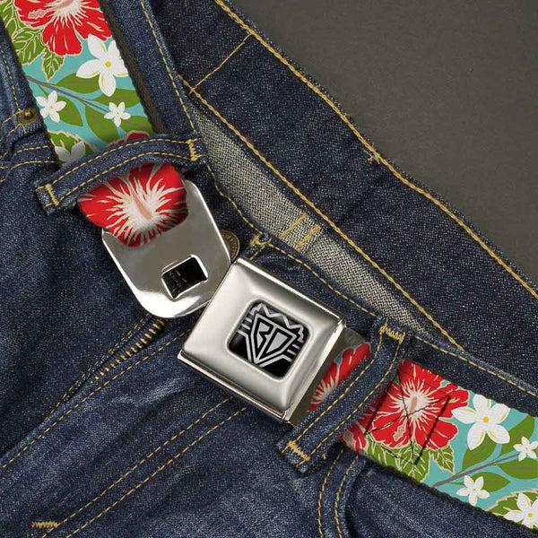 Buckle-Down BD Wings Logo CLOSE-UP Full Color Black Silver Seatbelt Belt - Hibiscus & Plumerias Turquoise/Green/Red/White Webbing