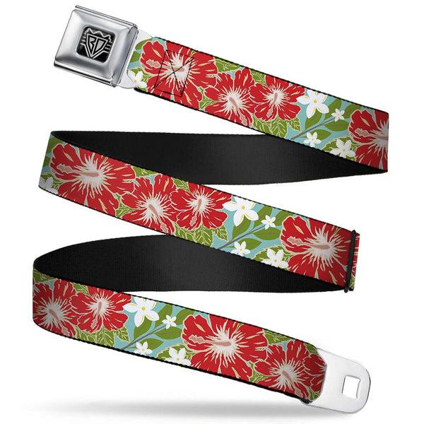 Buckle-Down BD Wings Logo CLOSE-UP Full Color Black Silver Seatbelt Belt - Hibiscus & Plumerias Turquoise/Green/Red/White Webbing