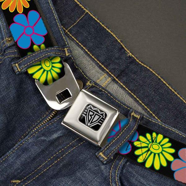 Buckle-Down BD Wings Logo CLOSE-UP Full Color Black Silver Seatbelt Belt - Flowers Black/Multi Color Webbing
