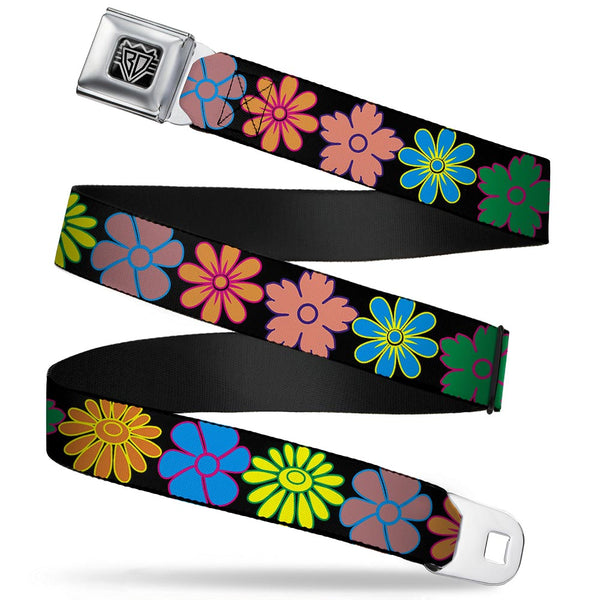 Buckle-Down BD Wings Logo CLOSE-UP Full Color Black Silver Seatbelt Belt - Flowers Black/Multi Color Webbing