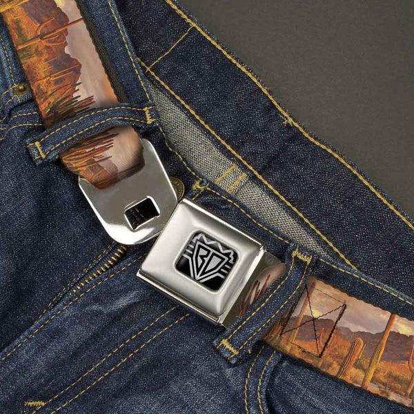 Buckle-Down BD Wings Logo CLOSE-UP Full Color Black Silver Seatbelt Belt - Landscape Desert Cacti Webbing