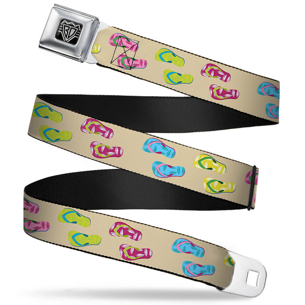 Buckle-Down BD Wings Logo CLOSE-UP Full Color Black Silver Seatbelt Belt - Tropical Flip Flops Tan/Multi Color Webbing