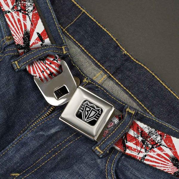 Buckle-Down BD Wings Logo CLOSE-UP Full Color Black Silver Seatbelt Belt - Rising Sun White/Red Webbing