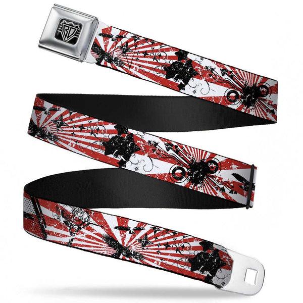 Buckle-Down BD Wings Logo CLOSE-UP Full Color Black Silver Seatbelt Belt - Rising Sun White/Red Webbing