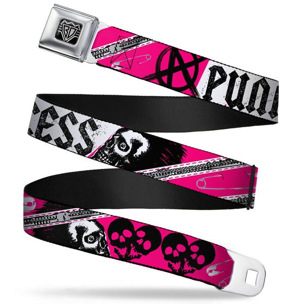 Buckle-Down BD Wings Logo CLOSE-UP Full Color Black Silver Seatbelt Belt - Punk Princess w/Zippers & Skulls Webbing